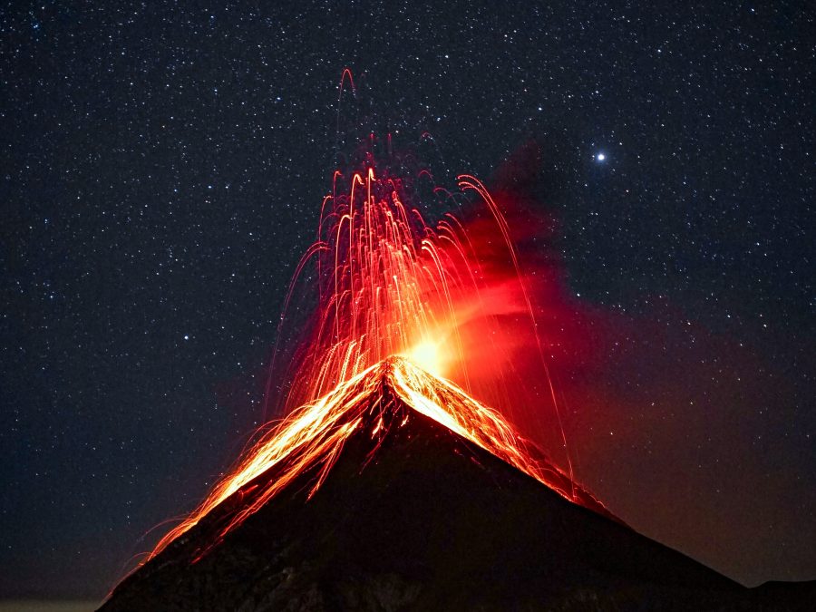 Volcano reupting at night